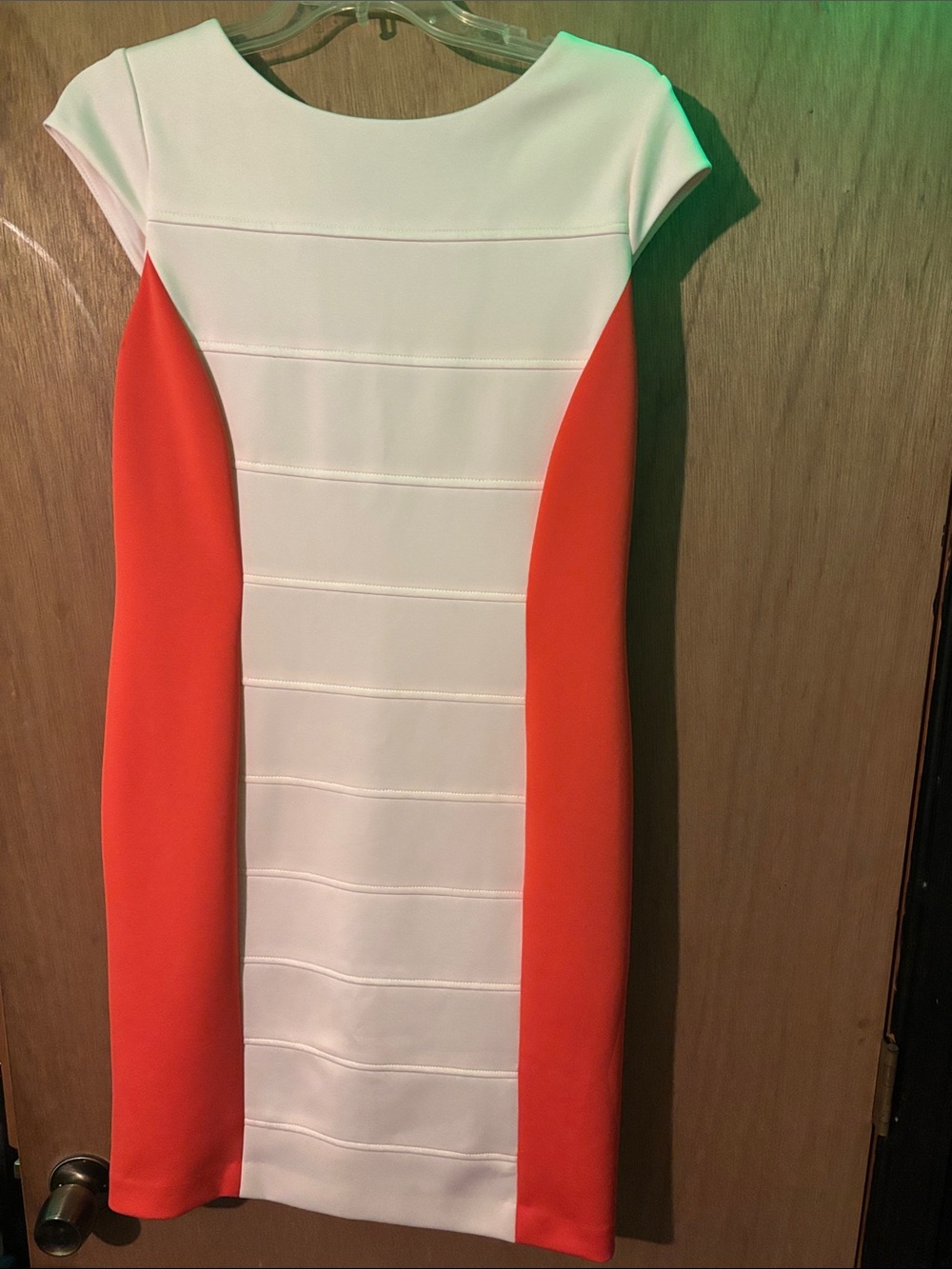 Sandra Darren White and Orange Ponte Sheath Midi Dress